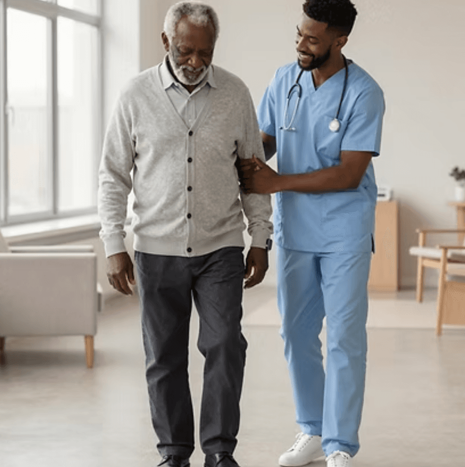 A caregiver walking beside an older adult in a bright community space.